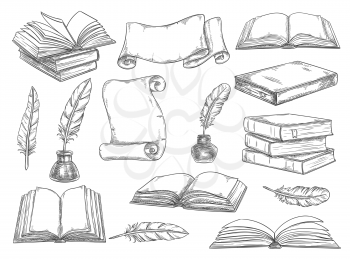 Old vintage books, retro ink quill pens and manuscripts sketch icons. Vector isolated set vintage book, writer writing stationery and inkwell for literature or bookstore design