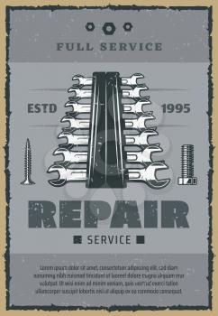 Repair service vintage old poster of construction and home renovation work tools. Vector retro design of spanner and wrench in toolbox, woodwork screws and carpentry bolts or nuts