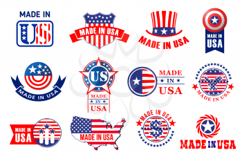 Made in USA tags and ribbon labels for premium quality. Vector isolated icons set of symbols for American original warranty of America flag stars and stripes in laurel wreath