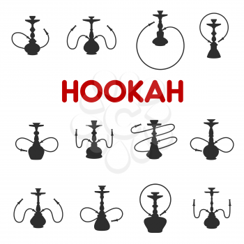 Hookah or shisha silhouette icons. Vector isolated set of oriental aroma tobacco smoking pipes for lounge bar and restaurant menu design