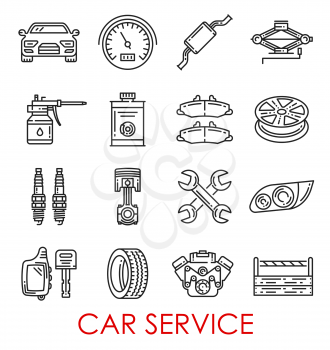 Car service thin line art icons for auto mechanics and repair. Vector automobile spare parts of brakes, engine valves and exhaust pipe, tire wheels and accumulator with wrench and spanner tools