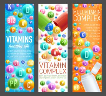 Vitamins and multivitamin complex banners for healthy lifestyle. Vector 3D pills, capsules and plastic bottles of dietary supplements, vitamins and mineral pills for pharmacy advertisement
