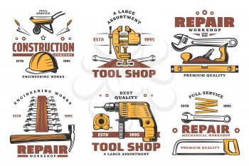Home construction and repair tools sketch icons for house. Vector carpentry hammer or saw, screwdriver or bolts and nails, trowel and paint brush or woodwork electric drill