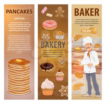 Baker and bakery shop or pastry in bakehouse. Vector design of baker man at work with baked bread, sweet desserts and pancakes, chocolate donuts and bagel loafs, baguette and croissant