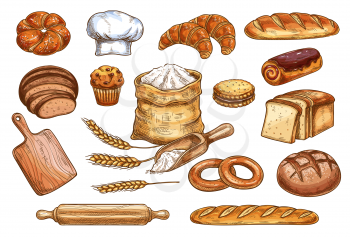 Bakery sketch bread or pastry and baker chef items. Vector icons of flour sack bag and dough or cutting board and baker hat, wheat ears with loaf and rye bagel or chocolate croissant and baguette