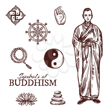 Buddhism religion sketch symbols. Vector icons of Buddha hand and Buddhist monastery monk with beads, Dharma wheel or Yin Yang and lotus flower, Zen stones and religious signs