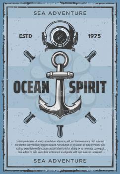 Ship anchor vintage nautical poster for seafarer sailing. Vector retro design of aqualung and captain helm for sailor ocean and sea adventure spirit
