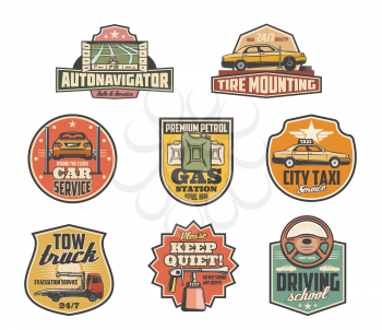 Car service retro icons for taxi or auto garage service. Vector navigator map, tire mounting and fitting of gas station, tow truck or wrecker and diving school advertisement or keep quiet sign
