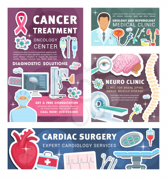 Cardiology, neurology or urology and nephrology clinic posters and banners. Vector medical design for cardiac surgery, cancer treatment and neural spine or brain disease and oncology diagnostics