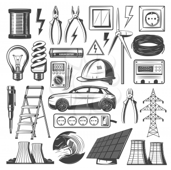 Energy and electricity sources icons. Vector power plant, lamp lightbulb or electro car and solar battery or windmill with electric reel and electrician tools of voltmeter, socket and fuse