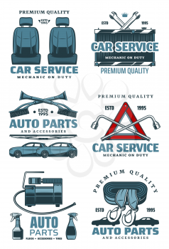 Car service and auto repair station icons. Vector isolated set for spare parts store or mechanic garage, tire pump or windshield scrapes and spanners, accumulator or radiator and driver seats