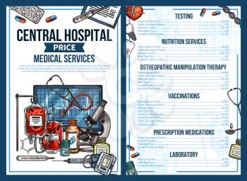 Medical services price list of central hospital. Vector sketch design of doctor consultation, diagnostic and tests, therapy and medications prescriptions or disease vaccination and treatment