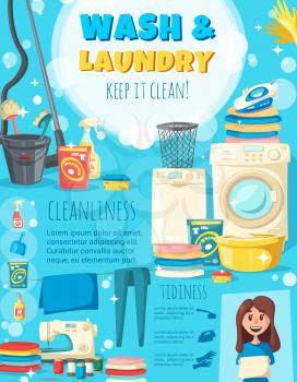 Home cleaning and laundry poster of woman with washing machine and sewing needlework. Vector housewife with vacuum cleaner, sponge and polisher or iron, detergent soap and mop or broom