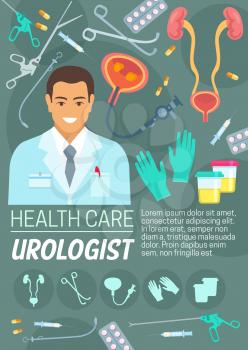 Urology medicine and helathcare medcial poster. Vector design of urologist doctor with bladder and urogenital system tretments, pills or catheter and tests for disease diagnostic