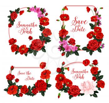 Save the Date wedding invitation with floral frame. Red flower wreath of rose, poppy and lily, flower bud and green leaf with bride and groom names in center for greeting card template design