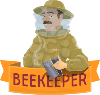 Beekeeper in uniform isolated cartoon icon. Apiarist in protective suit and hat with beehive smoker, supplemented with ribbon banner and text Beekeeper for beekeeping farm emblem or apiculture design