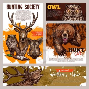 Hunting club banner set with deer, duck and bear, boar, owl and reindeer sketch. Wild forest animal and bird of prey for opening hunting season information poster and card template design