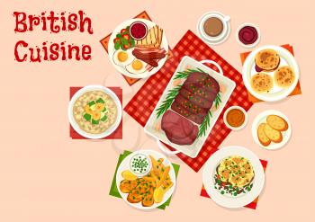British cuisine breakfast food icon. Egg, bacon, sausage and beans with toast, oatmeal with fruit and roast beef, fish and potato chips, scones with jam and meat casserole with cheese and cream sauce