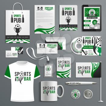 Corporate identity template of sport bar with soccer ball, beer and trophy brand symbol. Letterhead, folder and business card, envelope and brochure layout, branded office stationery, t-shirt and cup