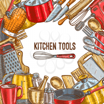 Kitchen tool and utensil sketch poster. Kitchenware frame with knife, spoon and fork, cooking pot, pan and cup, grater, kettle and spatula, rolling pin, whisk and wooden cutting board