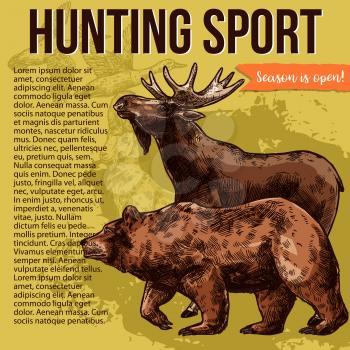 Hunting sketch poster with wild forest animal. Grizzly bear, duck bird and elk, deer and goat banner for hunter sport club information flyer or hunting season opening event invitation design