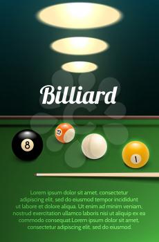 Billiards sport banner for pool or snooker game competition template. Green table with billiard ball and cue 3d poster, supplemented with text layout for pool room or billiard club promo flyer design