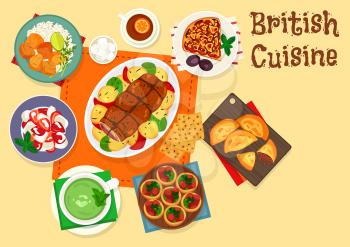 British cuisine traditional roast beef icon served with meat and plum fruit pie, baked brisket with potato, sausage tart, strawberry cream dessert and sorrel cream soup for english food design