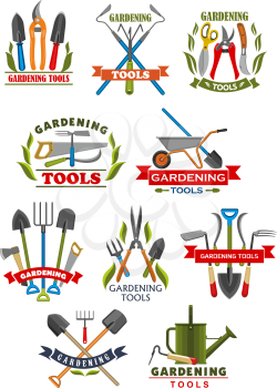Gardening tool badge with instrument and equipment for farming and garden work. Shovel, rake and wheelbarrow, fork, trowel and watering can, spade, pitchfork and pruner, scissor and ribbon banner