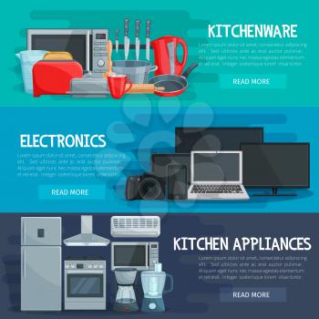 Home appliance banner set with kitchenware, household electronics and kitchen tool. Refrigerator, stove and microwave, mixer, coffee machine and knife, toaster, kettle and pan, tv, computer and camera
