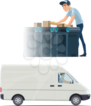 Post office and delivery service profession icon with postman and delivery man. Postal worker sorting mail and parcel on conveyor belt, delivery man driving car to deliver letter and package in time
