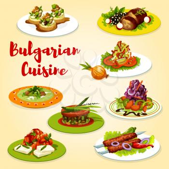 Bulgarian cuisine vegetable, seafood and grilled meat dishes. Vector vegetable, seafood salads, kebapche and eggplant tomato stew, zucchini cheese toast, baked lamb and cabbage soup
