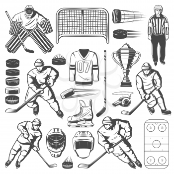 Ice hockey icons of players, sticks and pucks, rink, trophy and goal gate, uniform helmets, skates and goalie mask, glove, referee whistle and goalkeeper. Winter sport team game vector design