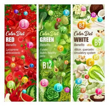 Vitamin food of healthy color diet, vector. Red, green and white vegan meals benefits banners with vegetables, fruits and nuts, herbs, berries and spices, mushroom and cereals. Healthcare