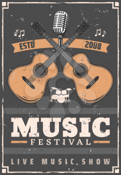 Music festival musical instruments, guitar, drum set, retro microphone and notes. Live music show and acoustic concert vintage poster, entertainment vector theme