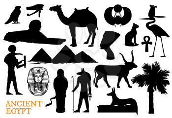 Ancient Egypt religion symbols with god and travel landmarks silhouettes. Vector pharaoh pyramid, sphinx, ankh and Anubis, eye of Horus, scarab and Tutankhamun mummy, cat, Nefertiti, falcon and heron