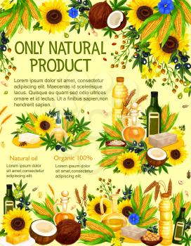 Vector natural oil made from olives, sunflower seed and corn, rapeseed, canola and peanut, soybean, coconut and walnut, hemp, sesame and flax with vegetable, fruit and plant ingredients