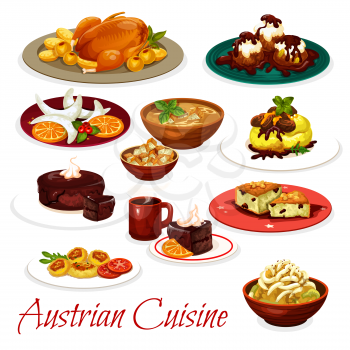 Austrian cuisine meat and vegetable dishes with desserts. Vector potato pasta with cabbage, tyrolean beef stew goulash and baked goose, chocolate cake sacher, cheese knodel, beer soup and nut cookie