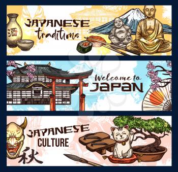 Japanese religion and culture symbols, welcome to travel, vector design. Sushi and roll, sake and Fuji, cat manekineko and torii gate, bonsai and pagoda temple, sakura branch and Buddha statue sketch