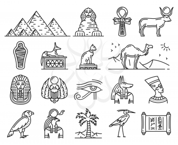 Egypt thin line icons of ancient gods and religion symbols. Sphinx, pharaoh pyramids and Anubis, Ankh, Horus eye and Tutankhamun mummy, cat, hieroglyphics, Nefertiti and scarab. Travel vector theme