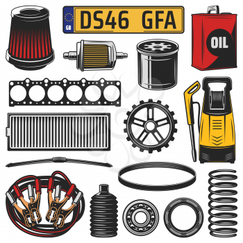 Car and auto engine spare part icons. Vector motor oil, gear and engine gasket, bearing, serpentine belt and wiper, battery jumper cable, number plate, air and fuel filters, spring and washing machine