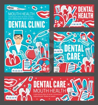 Dentistry, dental care and tooth oral hygiene. Dentist doctor, toothpaste and braces, whitening retainer, toothbrush and floss, healthy smile, denture and implant flat posters. Healthcare vector theme