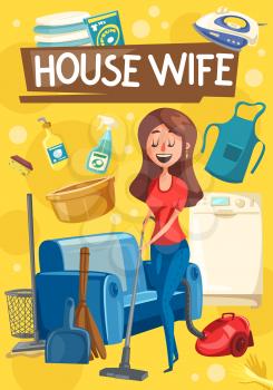 House wife doing housework or household chores with cleaning tools vector design. Woman cleaning floor and doing laundry with vacuum, mop and washing machine, broom, brush and dustpan, gloves and iron