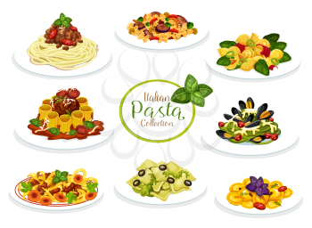 Pasta dishes of Italian cuisine. Vector spaghetti, macaroni and penne with meat tomato bolognese and cream cheese sauce, farfalle, ravioli and fusilli with pesto, meatball, seafood. Mediterranean food