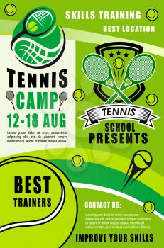 Tennis sport rackets, balls and green court field on background. Tennis camp with best trainers of sport school, sporting education vector theme