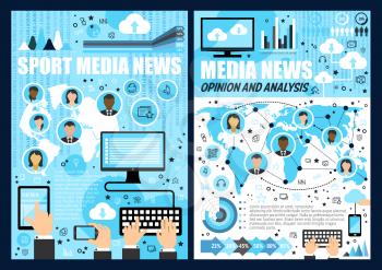 News media industry with printed newspaper, broadcast news on radio and tv and internet online applications with vector thin line mobile phone, computer and tablet. Mass media technology theme