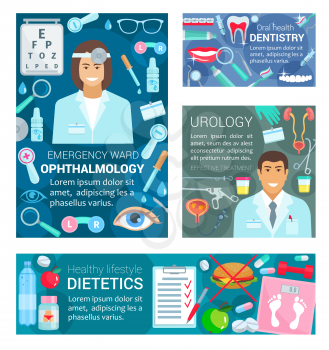Doctors of dentistry, urology, ophthalmology and dietetics medicine. Vector dentist, urologist, ophthalmologist and dietitian with tooth, eye and urogenital system, organs anatomy and medical tools