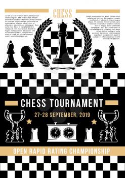 Chess sport tournament of board game vector poster. Chessboard with pieces row of black and white knight, queen and pawn, rook, bishop and king, winner trophy cup, clock and laurel wreath