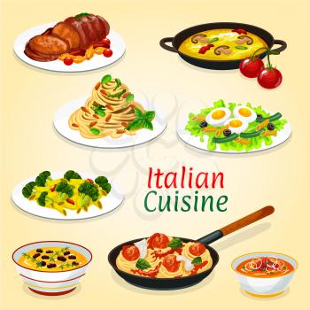 Italian cuisine dishes of meat and fish, pasta. Vector spaghetti with meatballs and tomato sauce, vegetable soup and pesto linguine, baked pork, broccoli cheese penne, tuna egg salad and chestnut soup