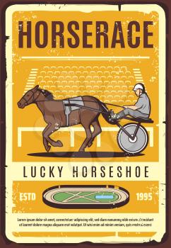 Harness racing equestrian sport, retro vector poster of trotter horse or racehorse with driving harness, sulky cart and jockey on hippodrome track. Horse Racing competition, gambling