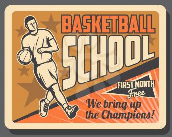 Basketball sport game player in uniform dribbling ball on orange court, vector. Basketball sporting school, sporting coaching and training retro poster